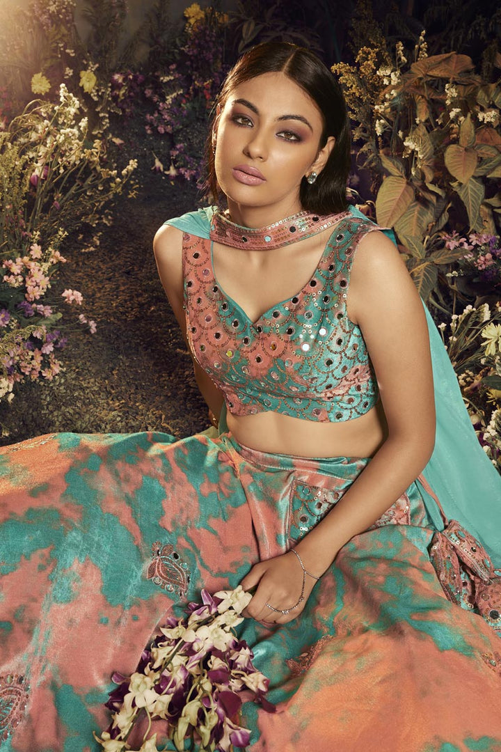 Velvet Fabric Orange Color Stylish Look Sangeet Wear Lehenga