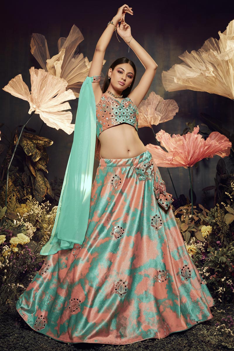 Velvet Fabric Orange Color Stylish Look Sangeet Wear Lehenga