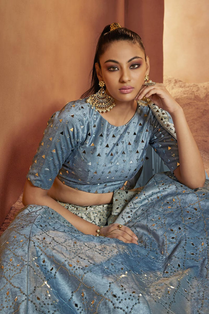 Sky Blue Color Sequins Work Stunning Velvet Lehenga