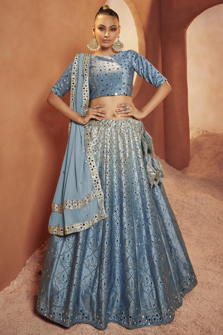 Sky Blue Color Sequins Work Stunning Velvet Lehenga