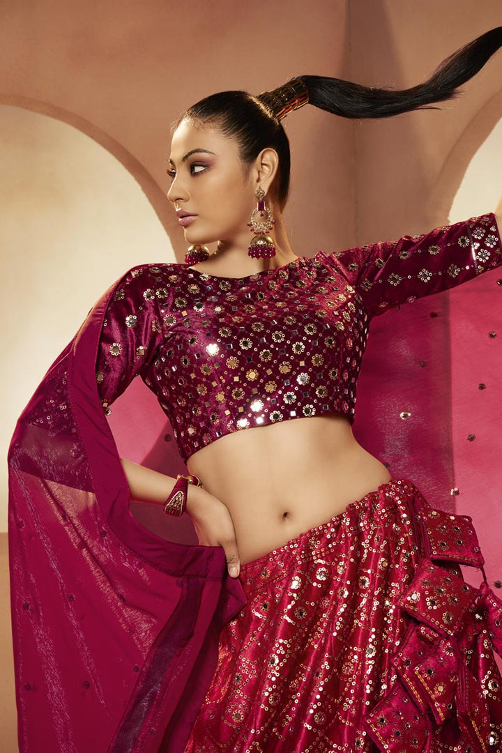 Radiant Magenta Color Sequins Work Velvet Lehenga
