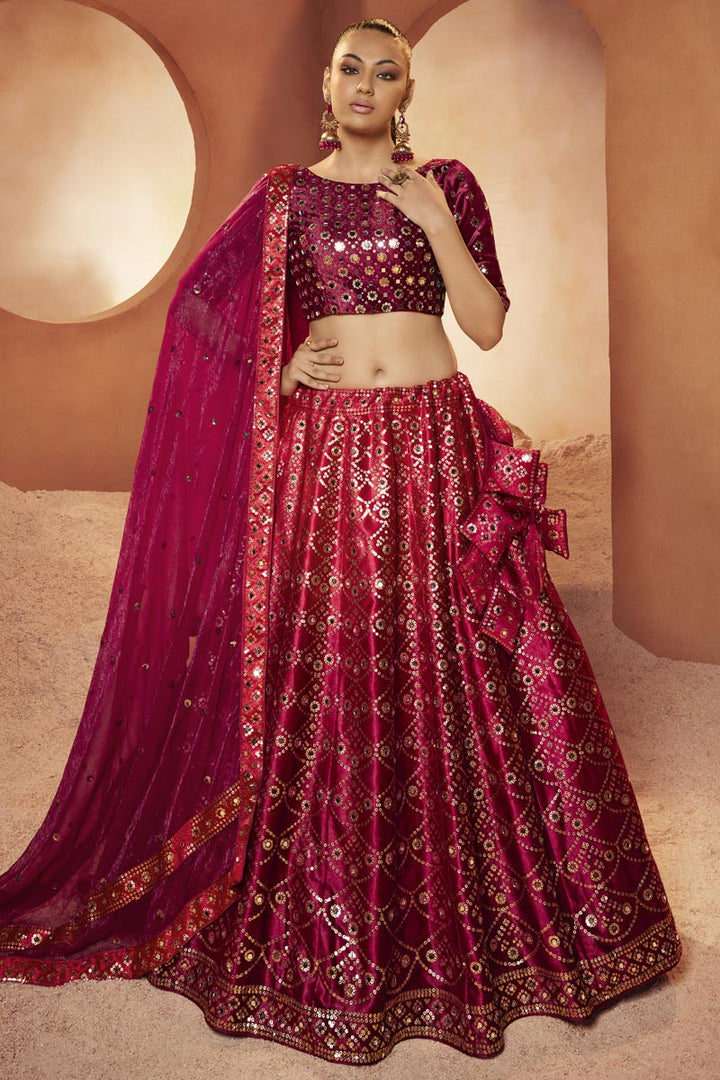 Radiant Magenta Color Sequins Work Velvet Lehenga