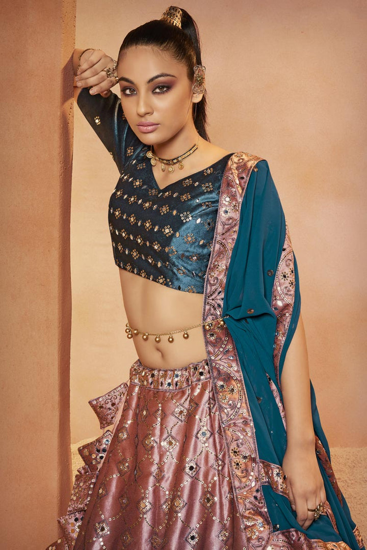 Teal Color Sequins Work Attractive Velvet Lehenga