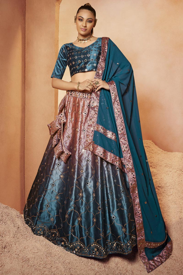 Teal Color Sequins Work Attractive Velvet Lehenga