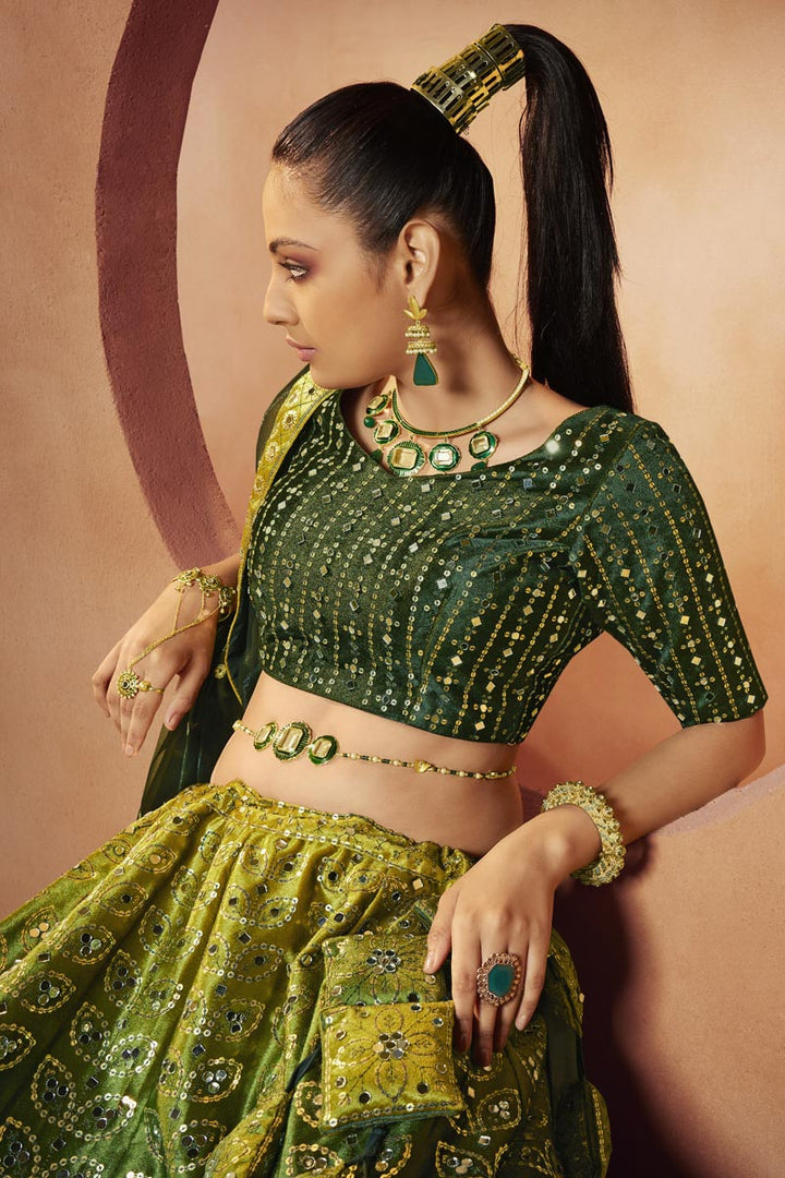 Elegant Sequins Work Velvet Lehenga In Green Color