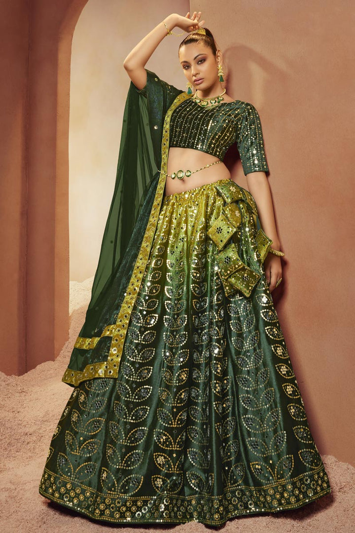 Elegant Sequins Work Velvet Lehenga In Green Color