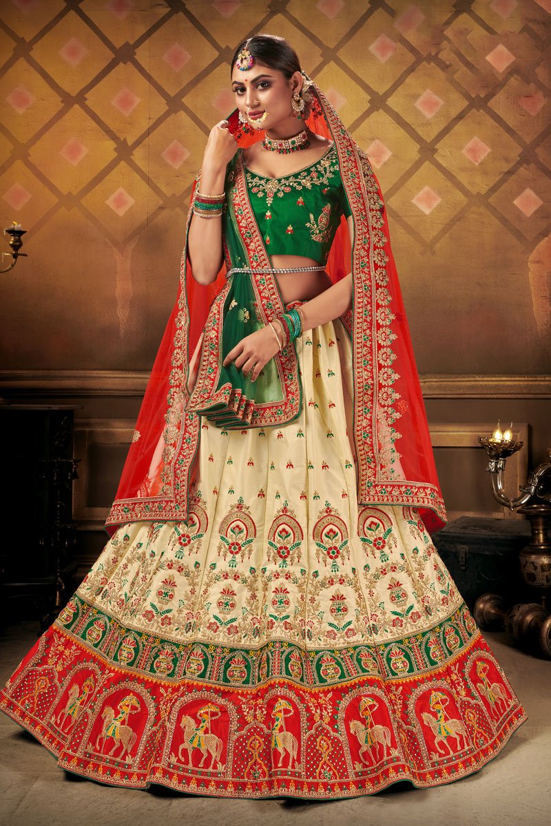 Cream Color Satin Fabric Reception Wear Lehenga Choli