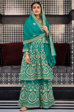 Load image into Gallery viewer, Georgette Fabric Embroidered Work Brilliant Palazzo Suit In Cyan Color
