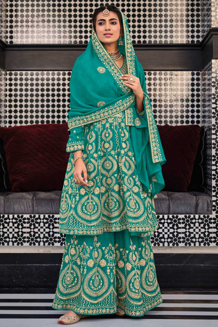 Georgette Fabric Embroidered Work Brilliant Palazzo Suit In Cyan Color