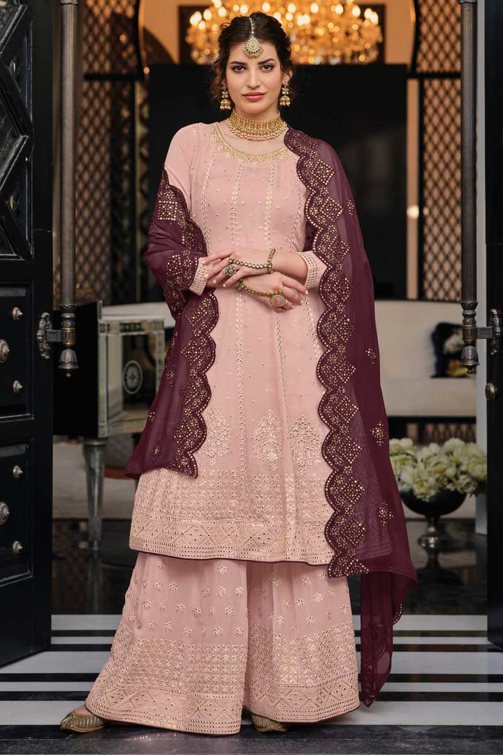 Georgette Fabric Peach Color Embroidered Work Soothing Palazzo Suit
