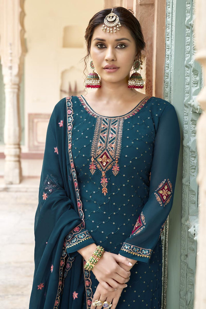 Bewitching Georgette Fabric Palazzo Suit In Teal Color