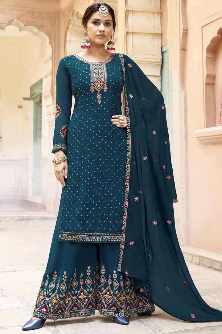 Bewitching Georgette Fabric Palazzo Suit In Teal Color