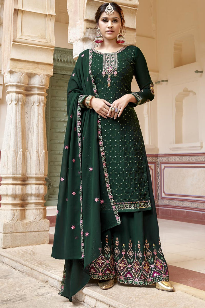 Ingenious Georgette Fabric Dark Green Color Palazzo Suit