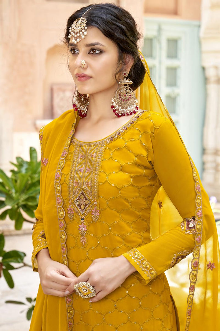 Beguiling Yellow Color Georgette Fabric Palazzo Suit