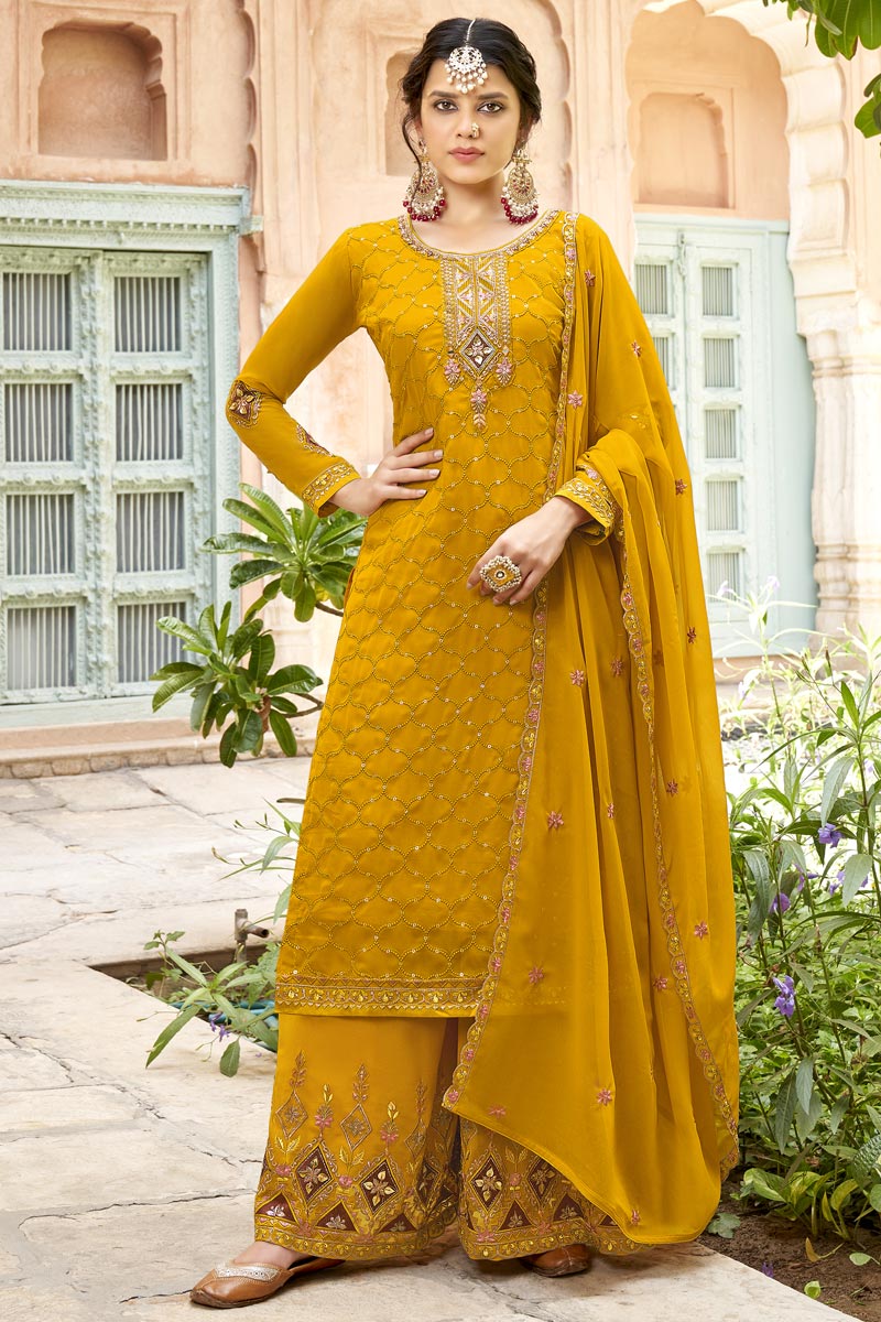 Beguiling Yellow Color Georgette Fabric Palazzo Suit