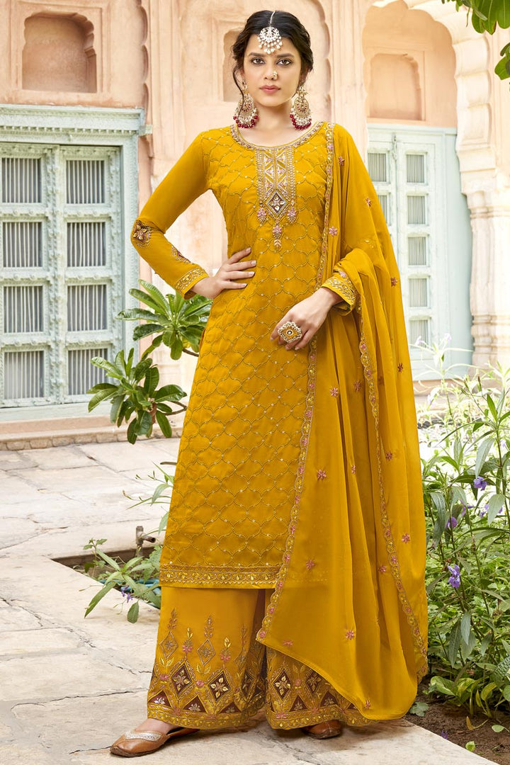 Beguiling Yellow Color Georgette Fabric Palazzo Suit