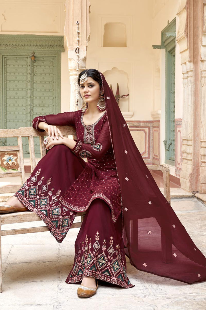 Tempting Georgette Fabric Maroon Color Palazzo Suit