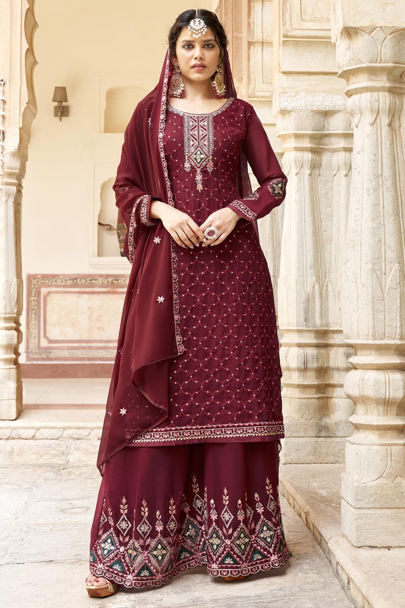 Tempting Georgette Fabric Maroon Color Palazzo Suit