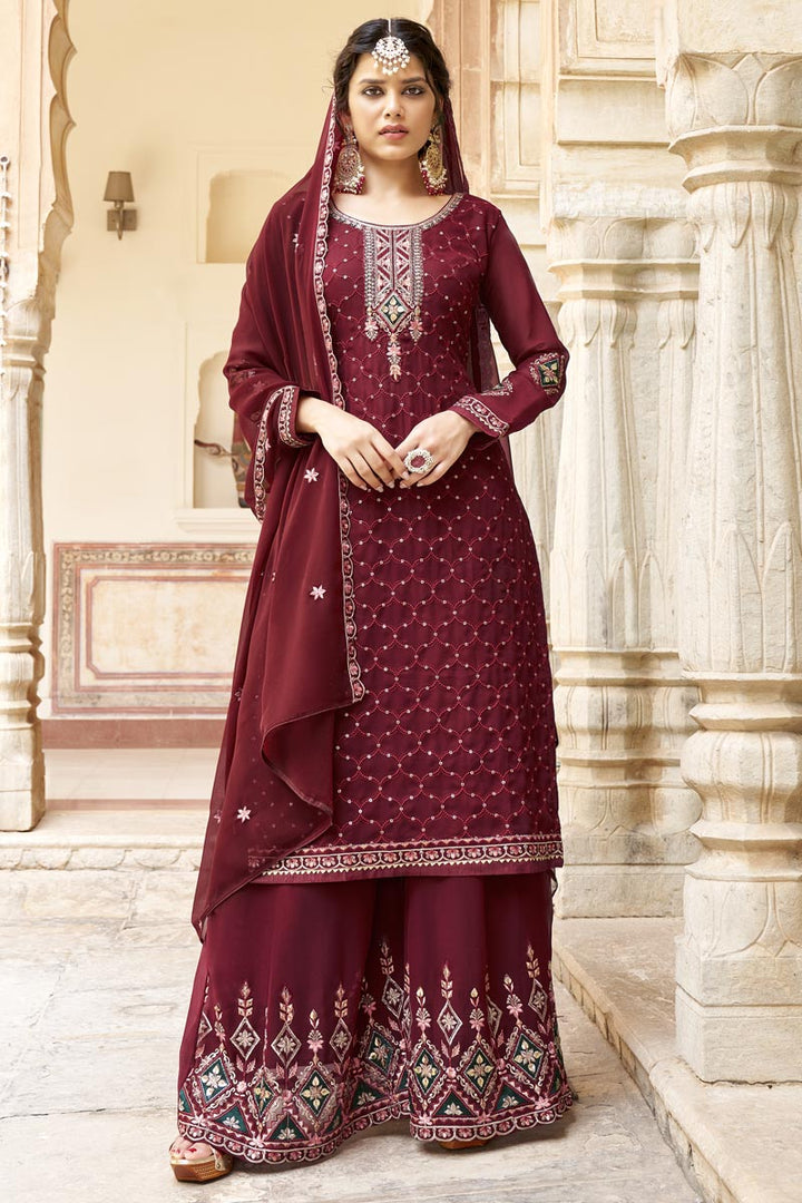 Tempting Georgette Fabric Maroon Color Palazzo Suit