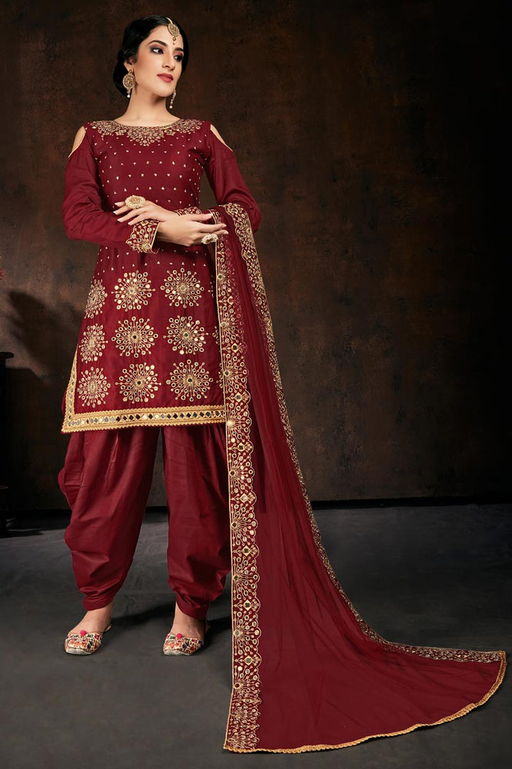 Cotton Fabric Classic Maroon Color Function Wear Mirror Work Patiala Dress