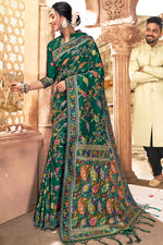 Load image into Gallery viewer, Sangeet Wear Silk Fabric Printed Saree In Dark Green Color
