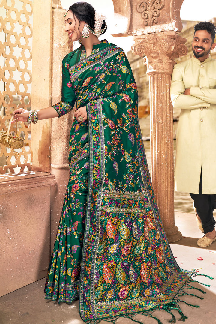 Sangeet Wear Silk Fabric Printed Saree In Dark Green Color