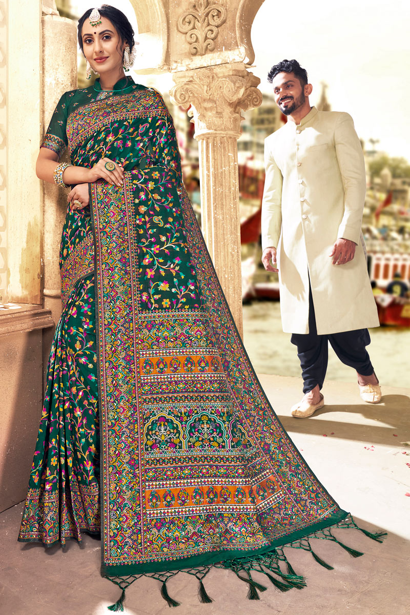 Dark Green Color Party Wear Saree In Silk Fabric