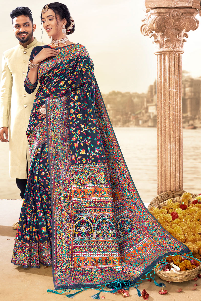Navy Blue Color Silk Fabric Occasion Wear Saree