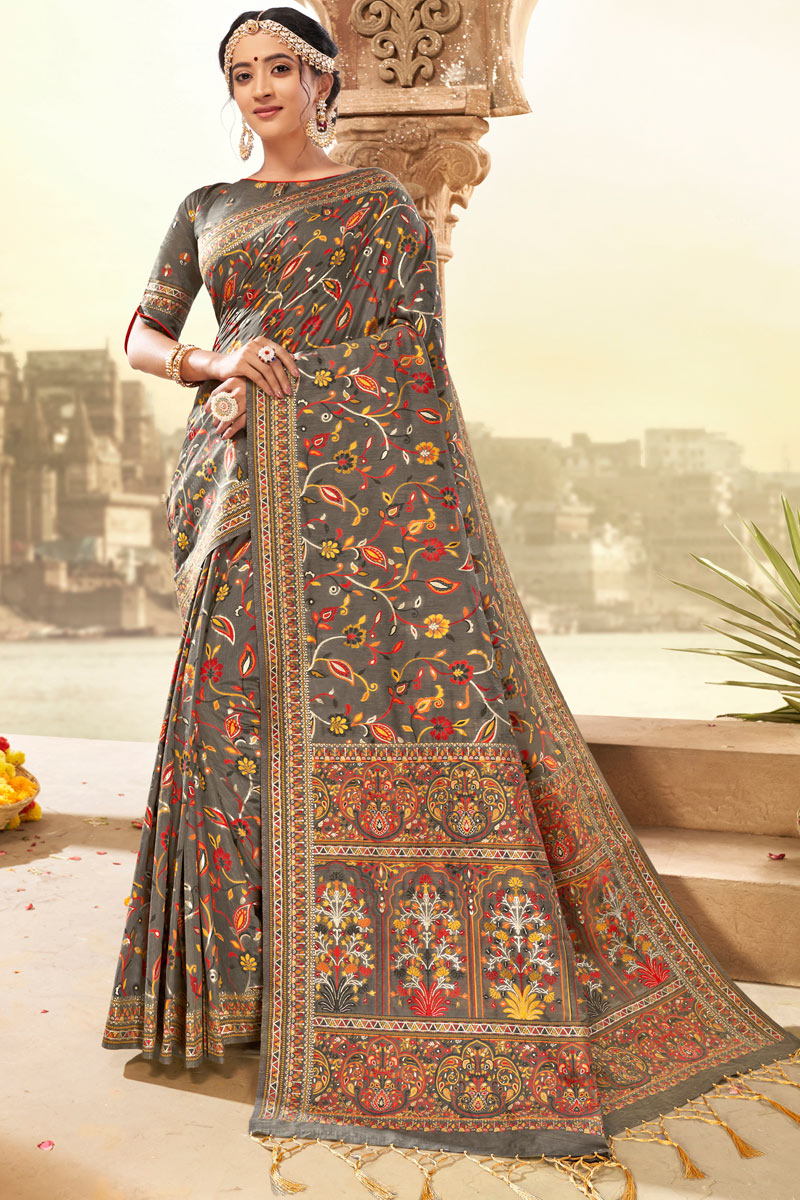 Grey Color Silk Fabric Reception Wear Designer Saree