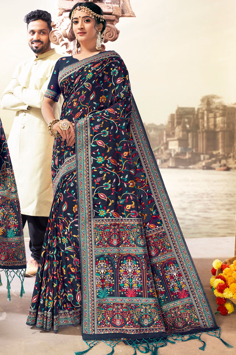 Designer Silk Fabric Navy Blue Color Party Wear Saree