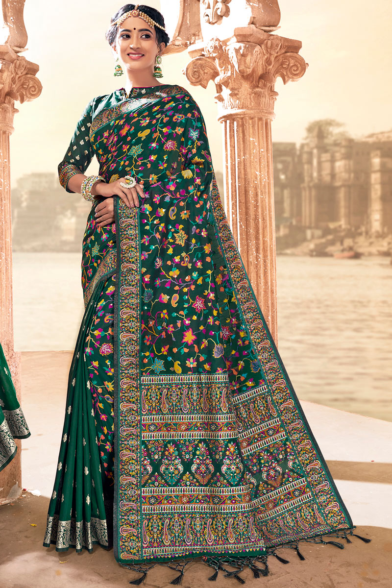 Designer Silk Fabric Function Wear Saree In Dark Green Color