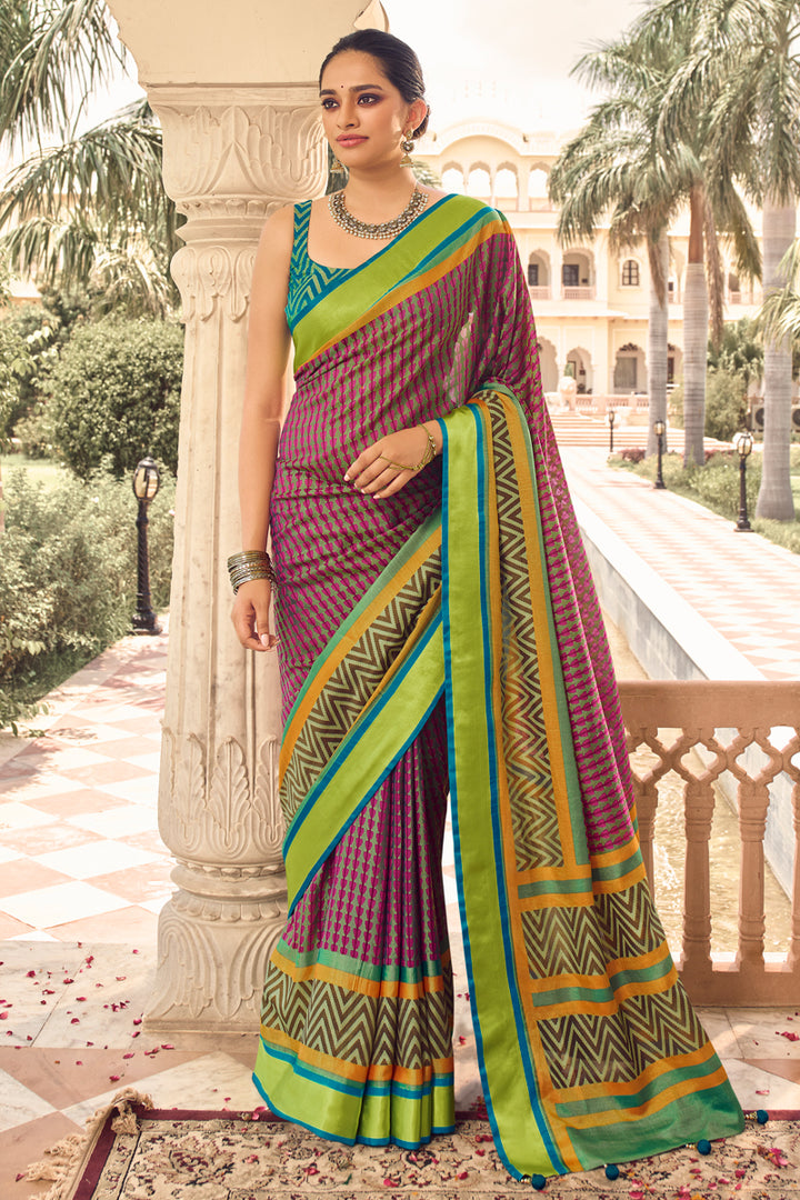Brasso Fabric Reception Wear Purple Color Fancy Printed Saree