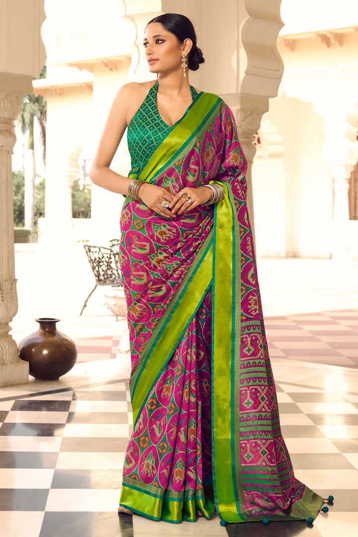 Rani Color Brasso Fabric Printed Wedding Wear Fancy Saree
