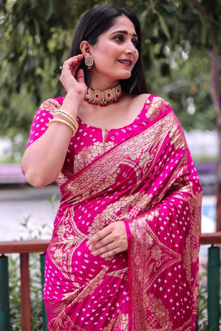 Pink Color Art Silk Fabric Precious Bandhani Style Saree