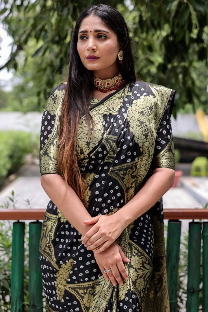 Beauteous Black Color Art Silk Fabric Bandhani Style Saree