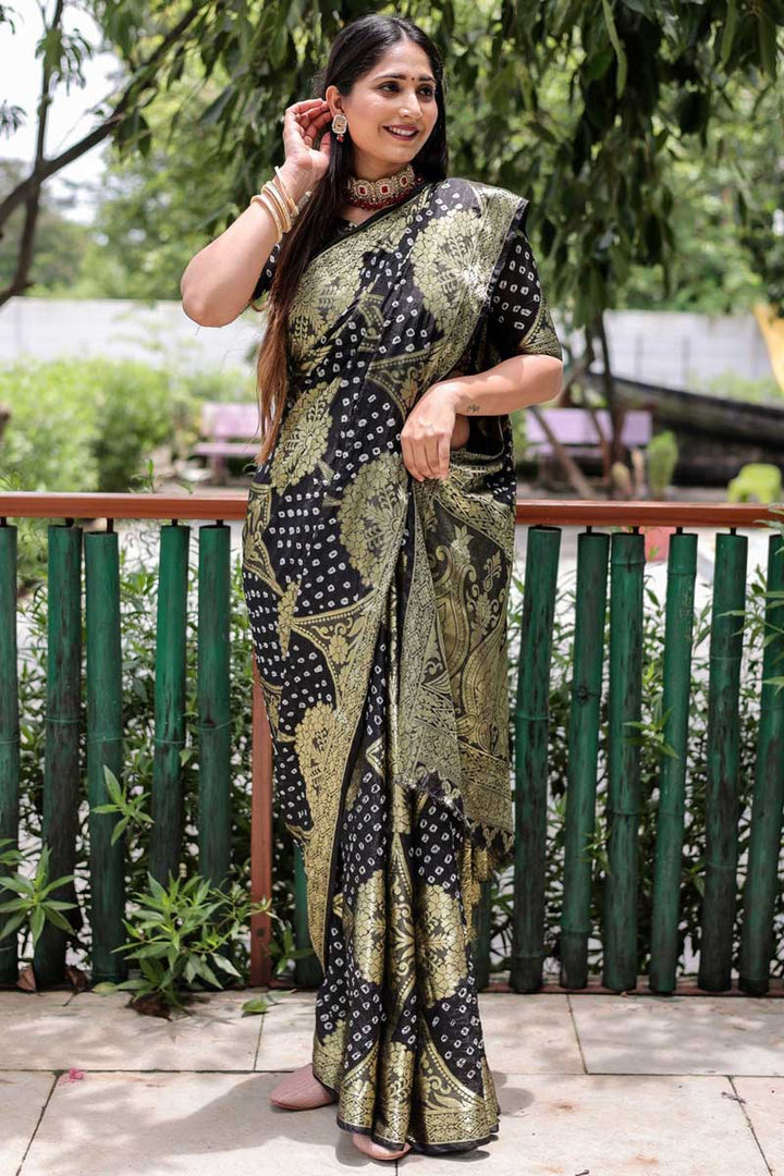 Beauteous Black Color Art Silk Fabric Bandhani Style Saree
