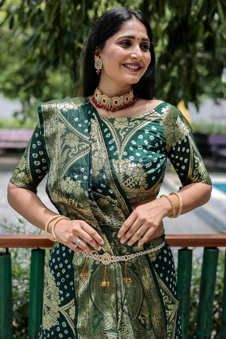 Art Silk Fabric Green Color Imposing Bandhani Style Saree