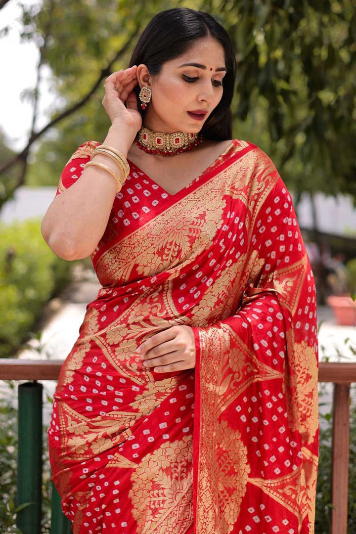 Art Silk Fabric Enthralling Red Color Bandhani Style Saree