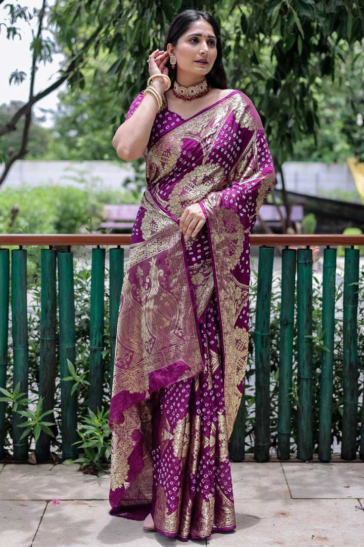 Purple Color Art Silk Fabric Admirable Bandhani Style Saree