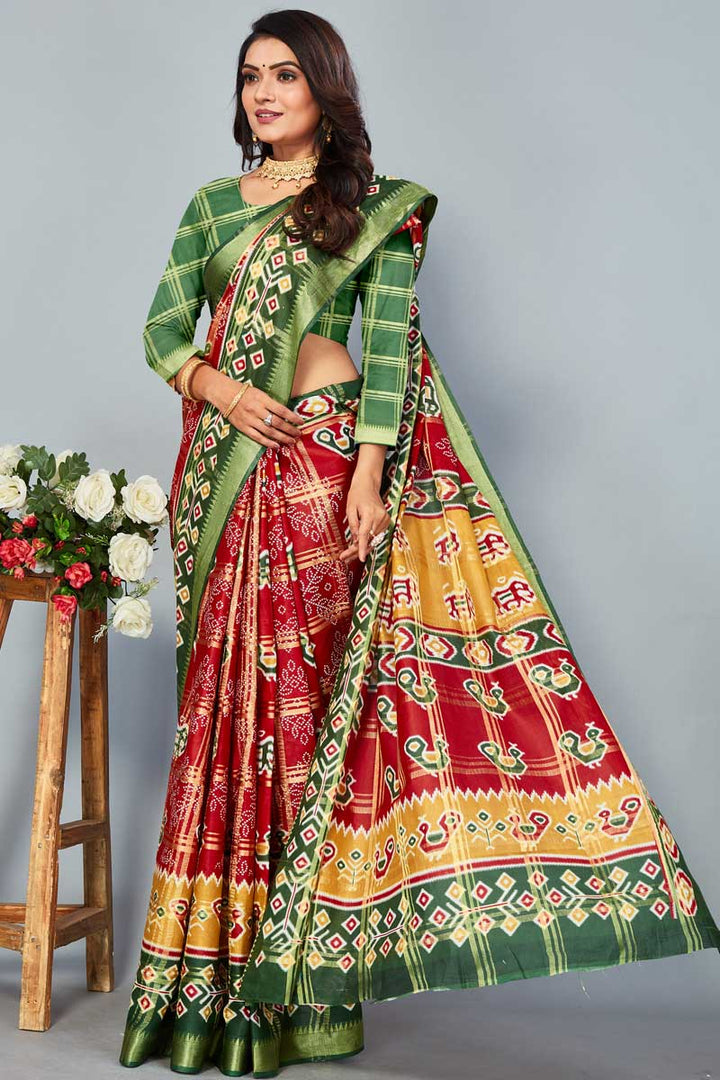 Cotton Fabric Red Color Intricate Patola Printed Saree