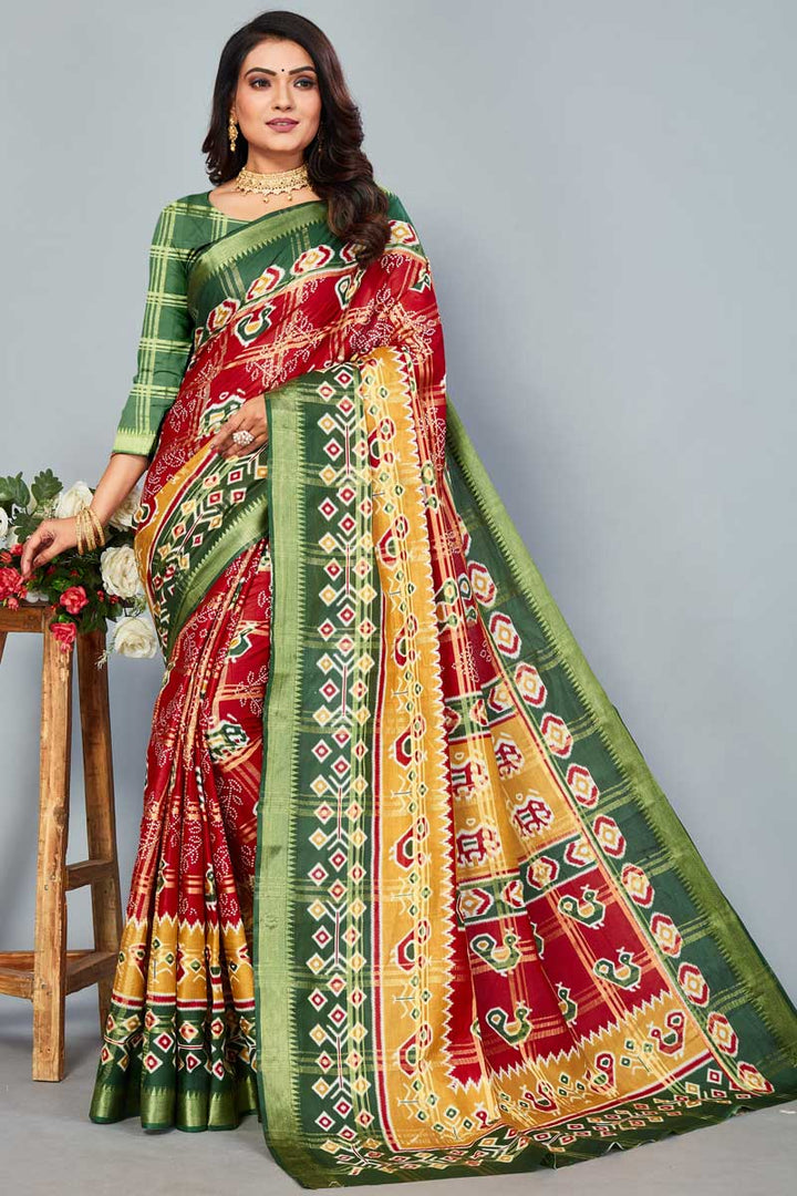 Cotton Fabric Red Color Intricate Patola Printed Saree