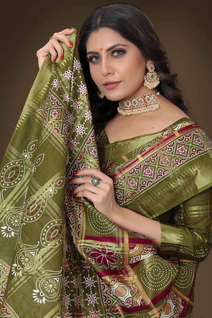 Marvelous Printed Work Cotton Saree In Mehendi Green Color