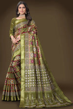 Load image into Gallery viewer, Marvelous Printed Work Cotton Saree In Mehendi Green Color
