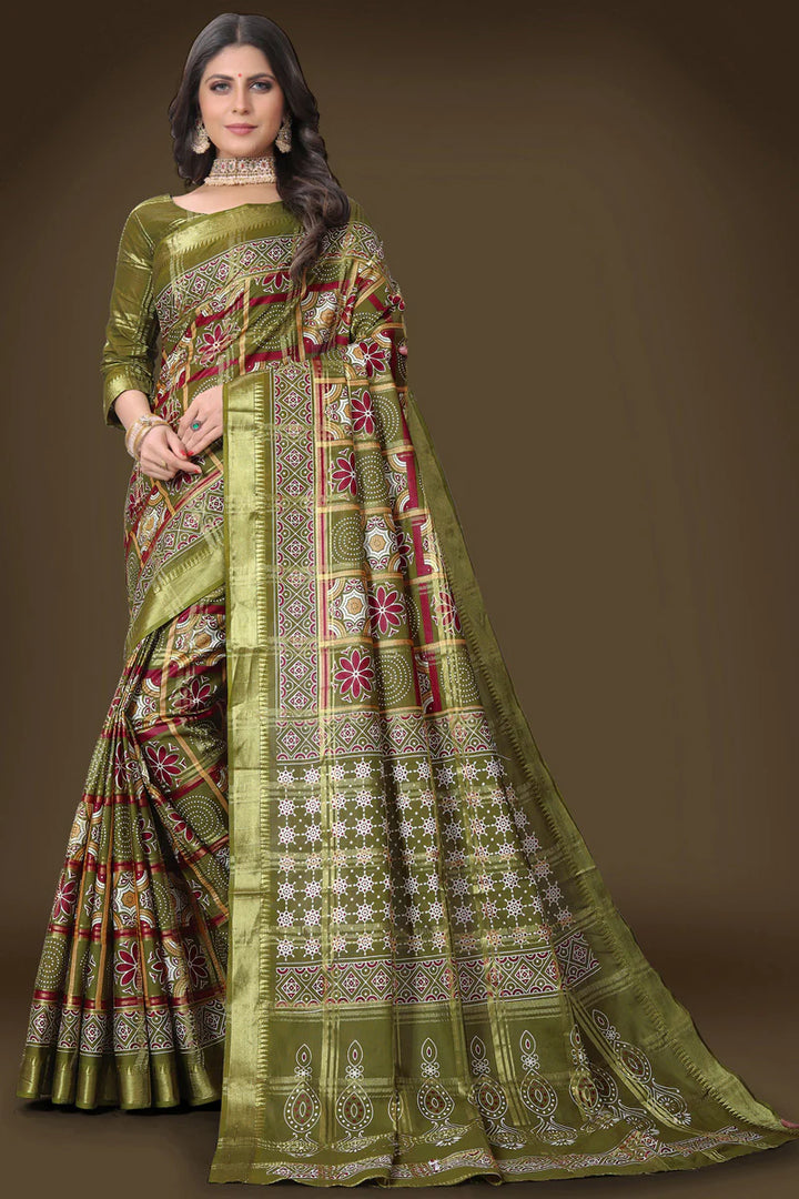 Marvelous Printed Work Cotton Saree In Mehendi Green Color
