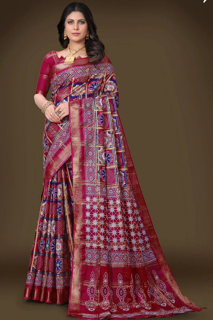 Radiant Rani Color Printed Work Cotton Saree