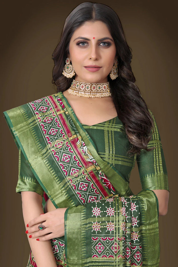 Excellent Green Color Printed Work Cotton Saree