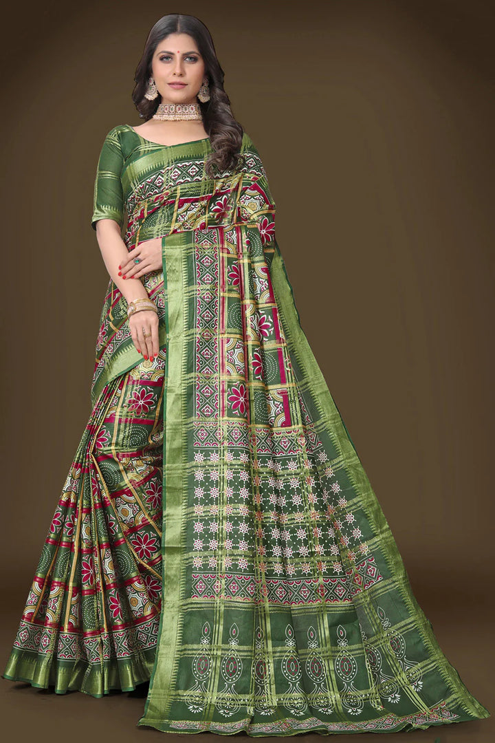 Excellent Green Color Printed Work Cotton Saree