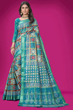 Load image into Gallery viewer, Cyan Color Beatific Printed Work Cotton Saree
