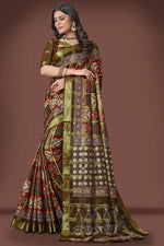 Load image into Gallery viewer, Beguiling Brown Color Printed Work Cotton Saree
