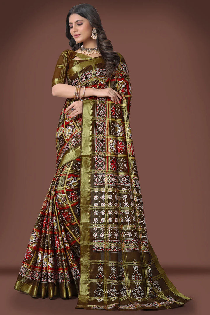 Beguiling Brown Color Printed Work Cotton Saree